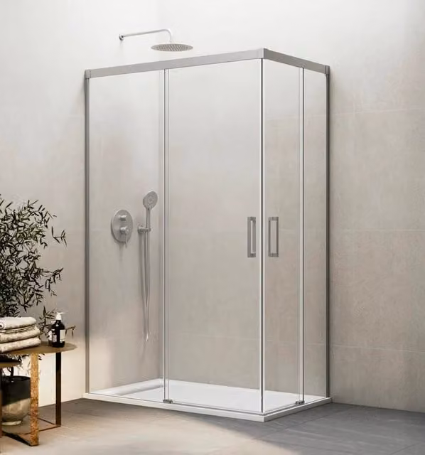 Box doccia angolare DUCHA BASIC con apertura al vertice, vetro trasparente e finitura nichel, L: 140 cm, P: 80 cm