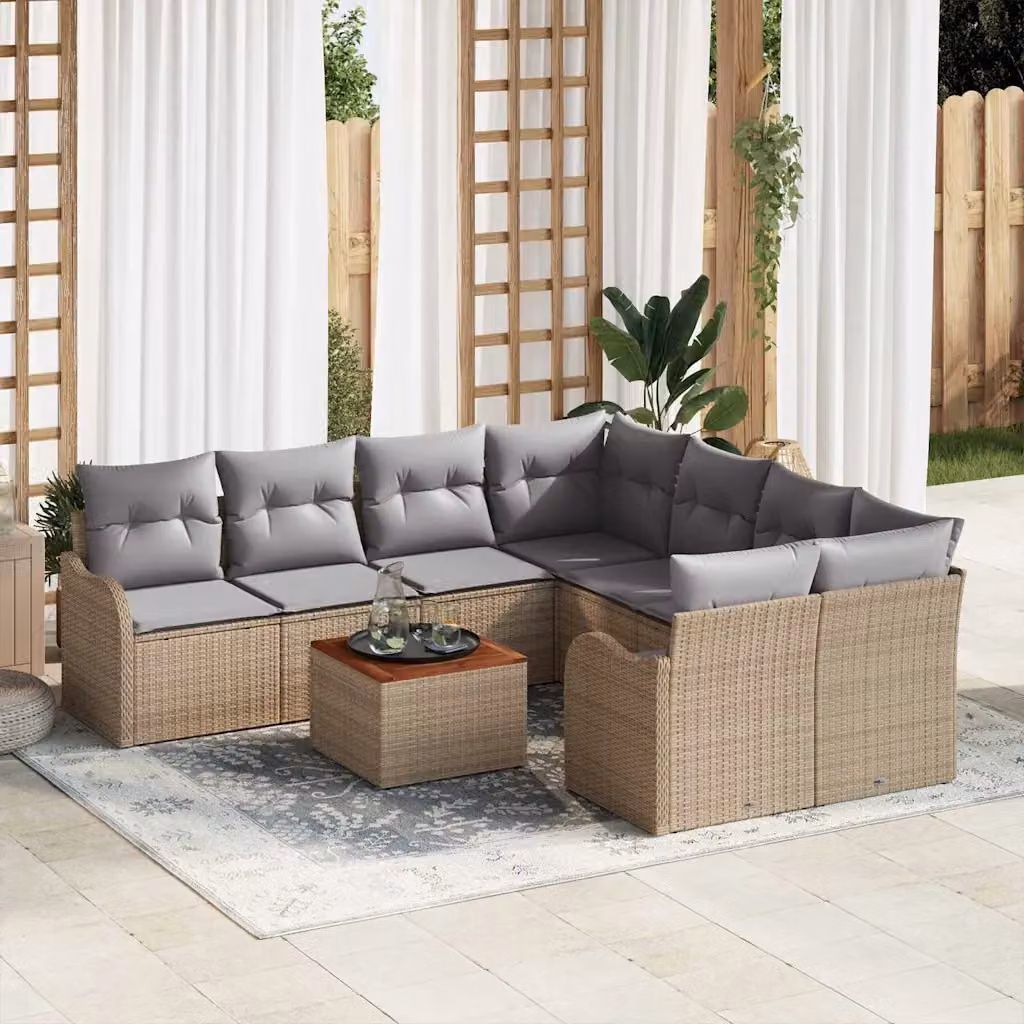 Set Divano da Giardino vidaXL 9 pz Beige con Cuscini e Tavolino in Polyrattan e Acciaio