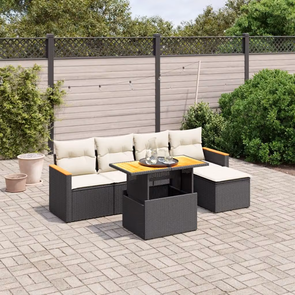 Set Divano da Giardino a L vidaXL 6 pz in Polyrattan con Cuscini Nero e Bianco