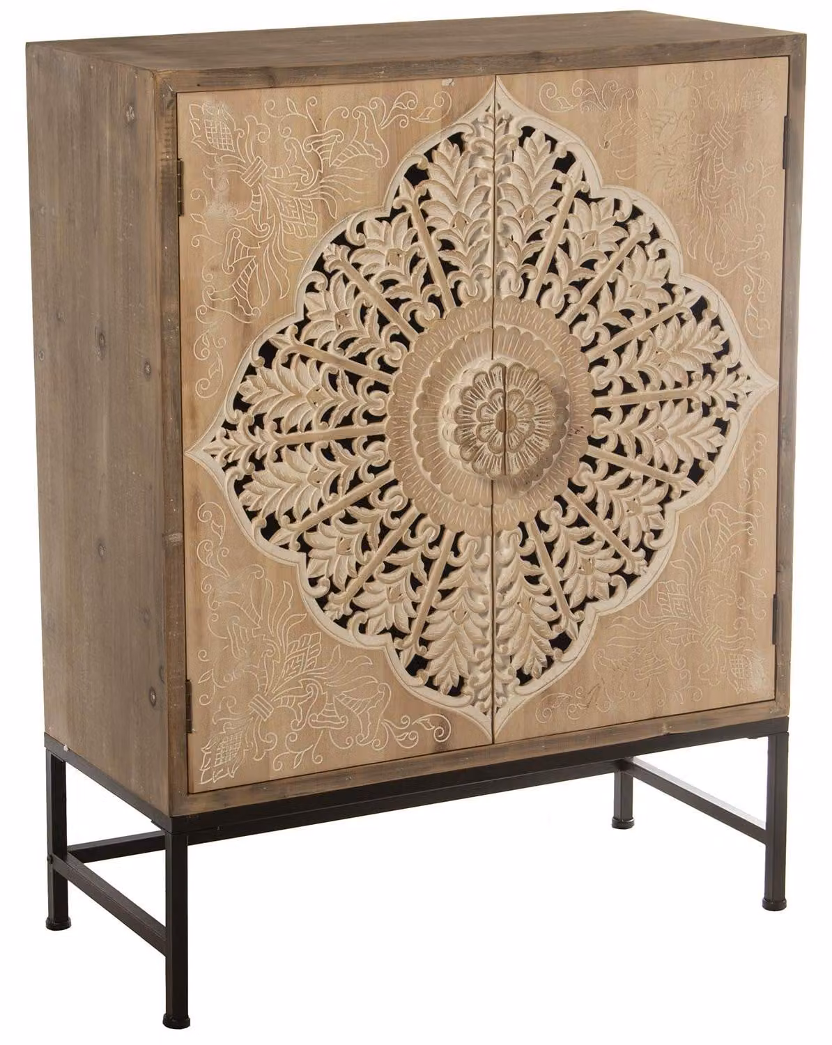 Armadio con 2 ante decorate con motivi mandala, realizzato in MDF e legno di abete, con gambe in metallo, dimensioni 85x38x110 cm