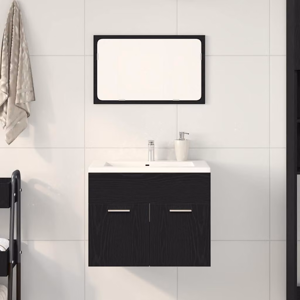 Set di mobili da bagno vidaXL composto da mobile lavabo e armadietto specchio in legno e vetro, colore rovere nero, L/P/H: 60,0 x 38,5 x 46,0 cm