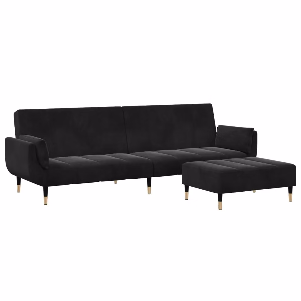 Divano Letto Click-Clack vidaXL in Velluto Nero con Poggiapiedi e Cuscini, Moderno e con Struttura in Legno Solido – 2