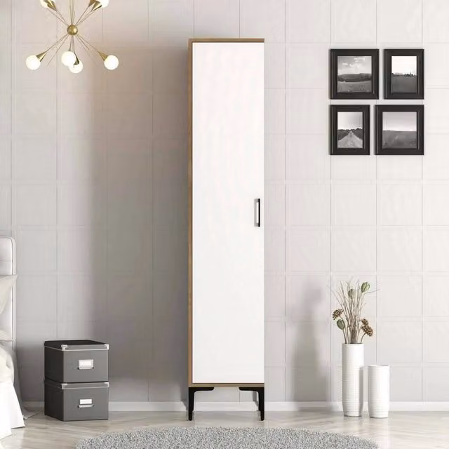 Armadio multiuso Giusta DMORA con anta a battente, mobiletto scarpiera moderno Bianco e Noce, L/P/H: 40 x 47,5 x 201,4 cm