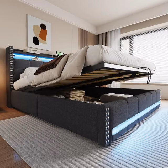 Letto imbottito matrimoniale 180x200 cm con luci LED, porta USB, ripiani in testiera e contenitore idraulico, tessuto di lino grigio