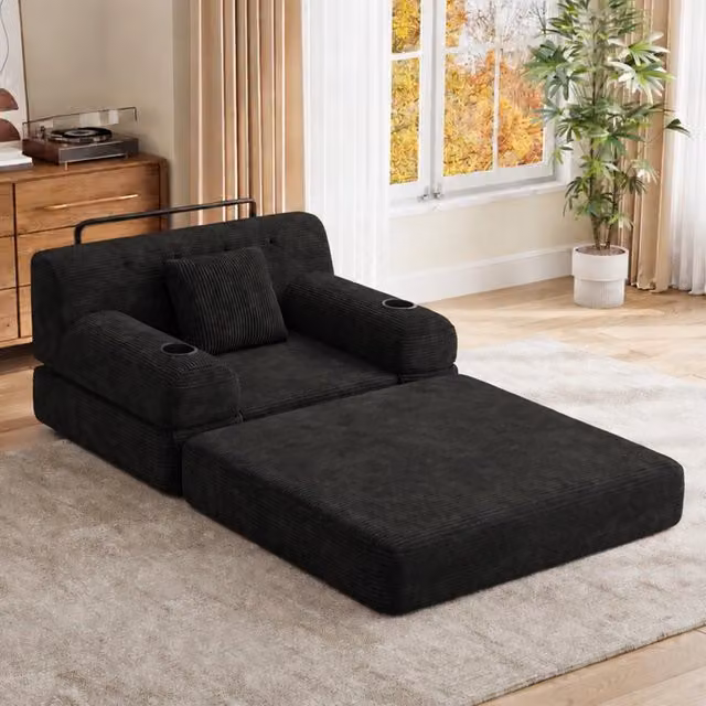 Divano letto 1 posto ¨C Minimal ¨C Nero tessuto corda struttura metallica con portabicchieri e tasche laterali