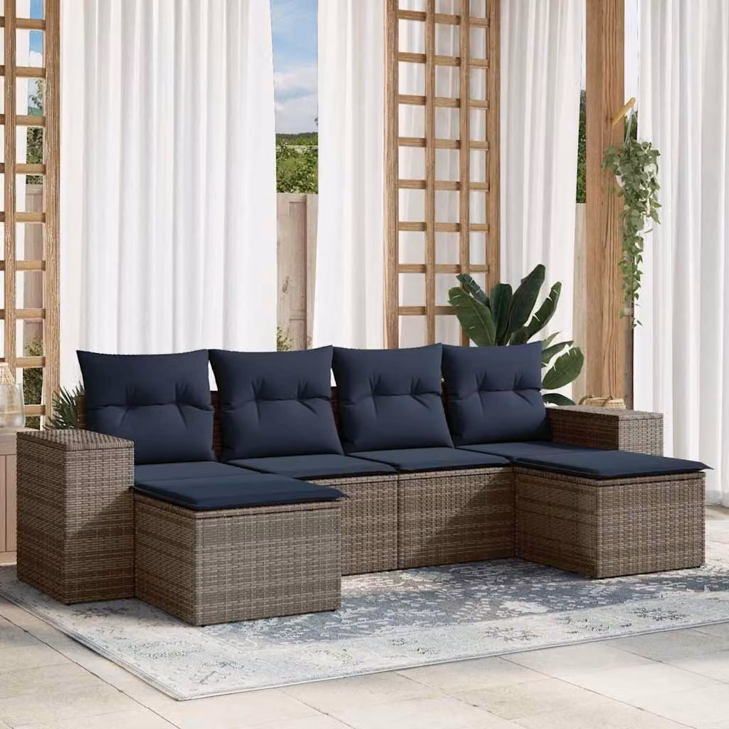 Set di divani da giardino vidaXL in polyrattan grigio con cuscini, componibile a forma di L per esterno