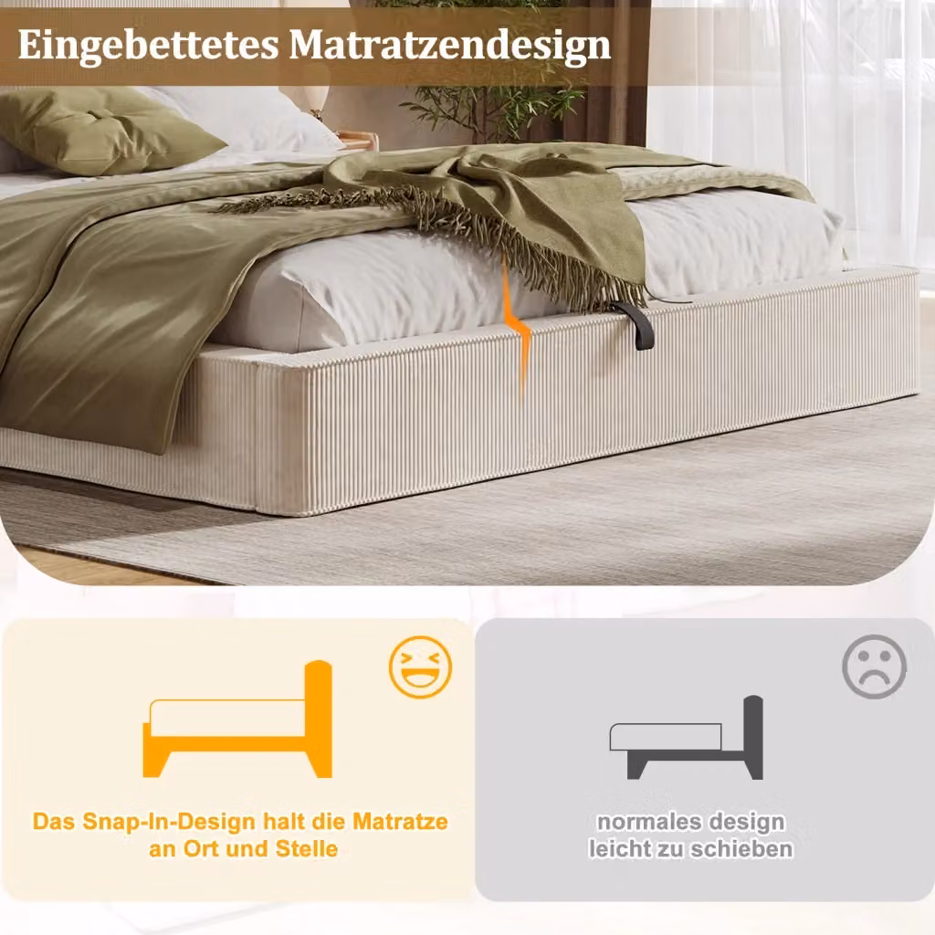 Letto contenitore REDOM in tessuto beige con base a sollevamento e struttura in rattan, L/P/H: 180 x 200 x 105 cm – 2
