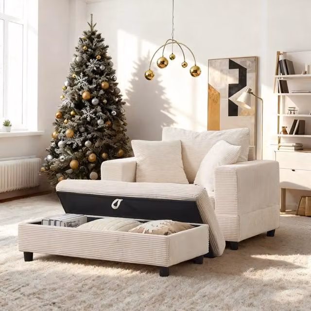 Poltrona lounge MIVRAY con poggiapiedi e vano contenitore in tessuto a coste beige e 3 cuscini per soggiorno e camera da letto