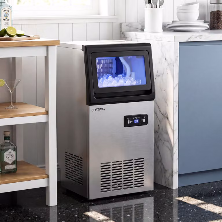 Costway Macchina del ghiaccio professionale con funzione autopulizia e timer, colore argento e trasparente, completa di paletta per casa e bar