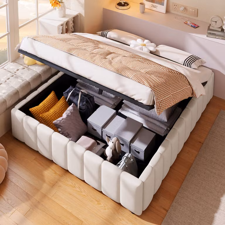 MODFU Letto imbottito, letto per ragazzi, 140x200 cm, letto matrimoniale con regolazione idraulica, beige, senza testiera, con materasso