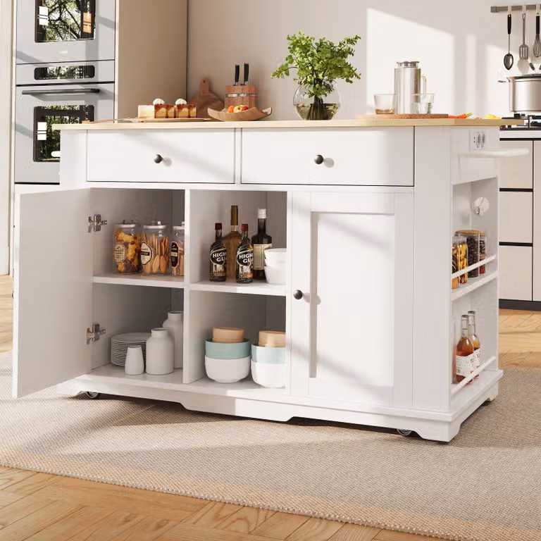 Isola da cucina STILVORA, armadio da cucina con presa di corrente e piano di lavoro, carrello di servizio con due ruote bloccabili e tre ruote scorrevoli, carrello portavivande con finitura effetto legno, bianco
