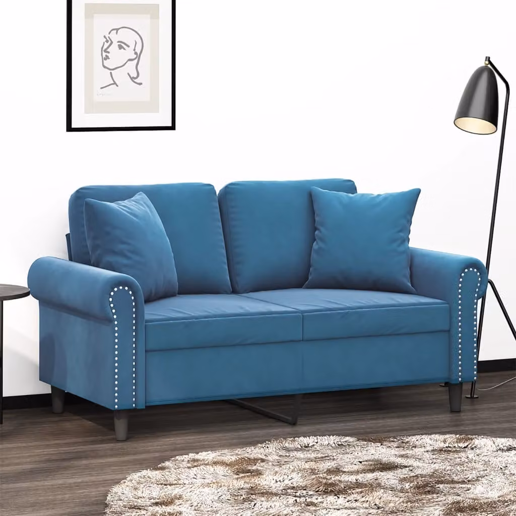 vidaXL Divano a 2 Posti Moderno in Velluto Blu con Cuscini e Struttura in Metallo L: 152 cm, P: 80 cm, H: 77 cm – 1