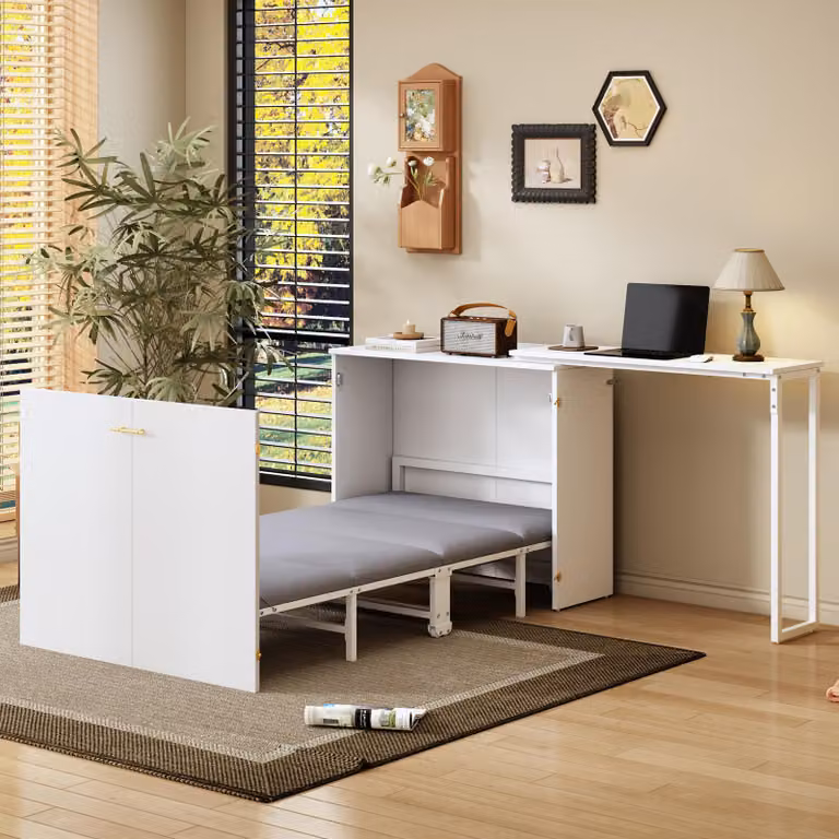 Letto a sdraio pieghevole Merax 90x200 cm con scrivania girevole, lettino in legno per bambini con materasso, letto a scomparsa salvaspazio con rotelle, bianco