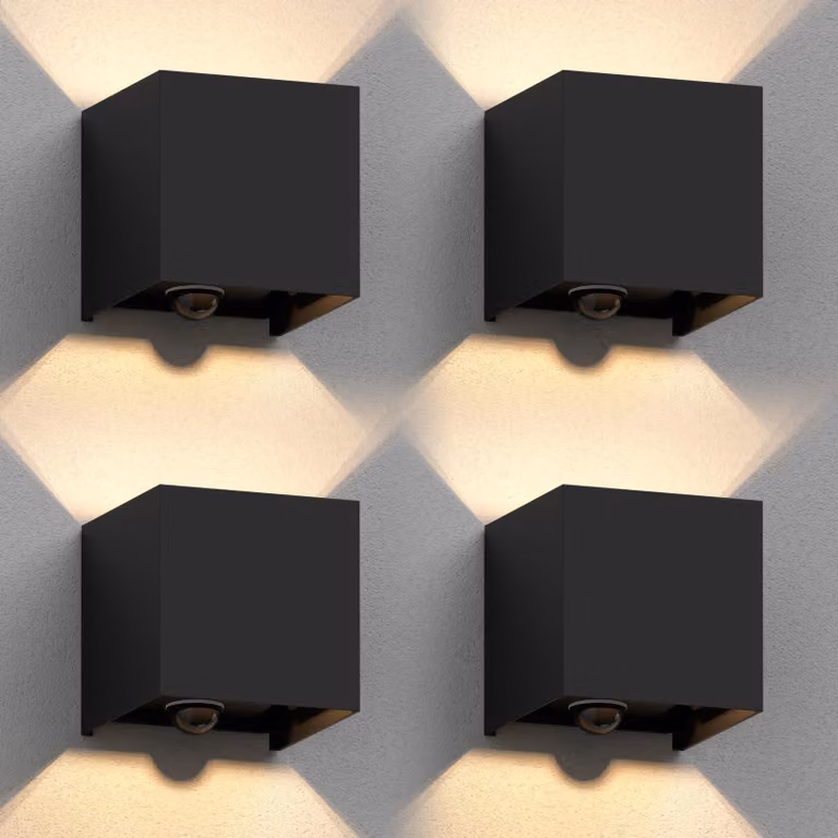 ledscom.de - 4 lampade da parete modello CUBEL per esterni, grado di protezione IP65, con luce direzionale verso l'alto e verso il basso, sensore di movimento, colore nero opaco, forma quadrata, 1 attacco G9 max. 10W – Con sensore di movimento / Monofiamm