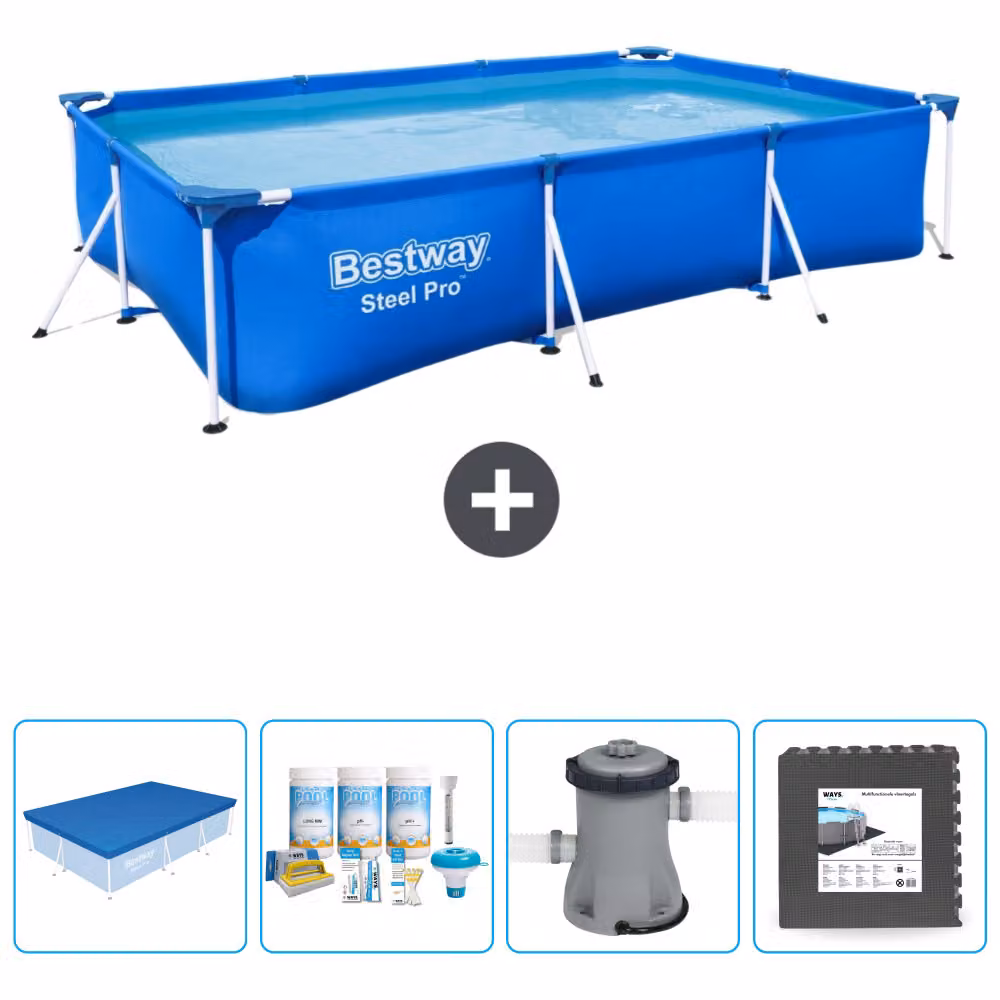 Piscina Bestway Steel Pro rettangolare - 300 x 201 x 66 cm - blu - include copertura - pacchetto manutenzione - pompa - pavimento in piastrelle