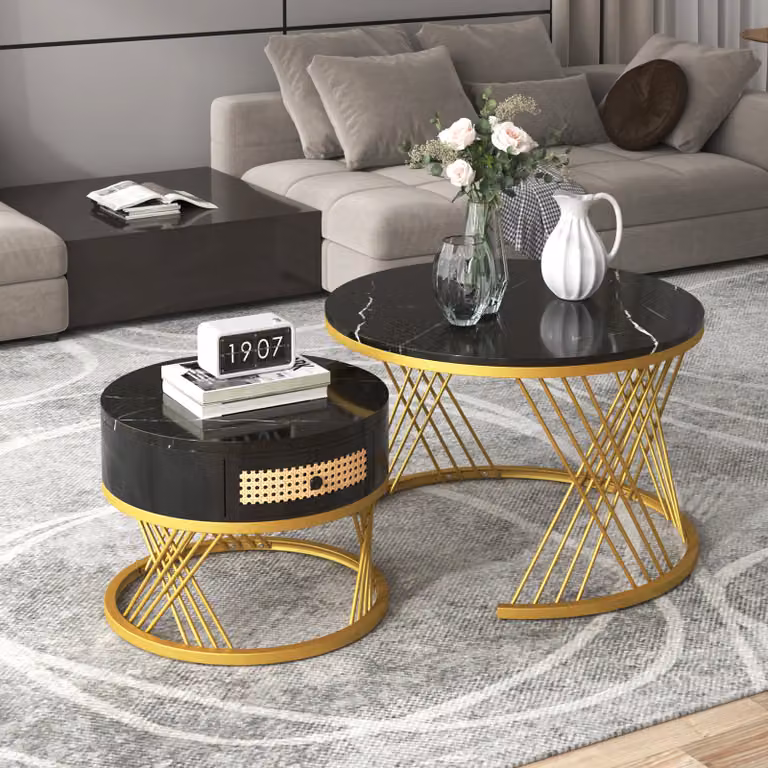 Fortuna-Lai set di 2 tavolini tavolino in marmo con ripiano rotondo Ø70 x 45 cm e Ø50 x 38,5 cm tavolino da salotto tavolino da divano motivo marmo struttura del tavolo in legno e cassetti in plastica rattan， in metallo oro