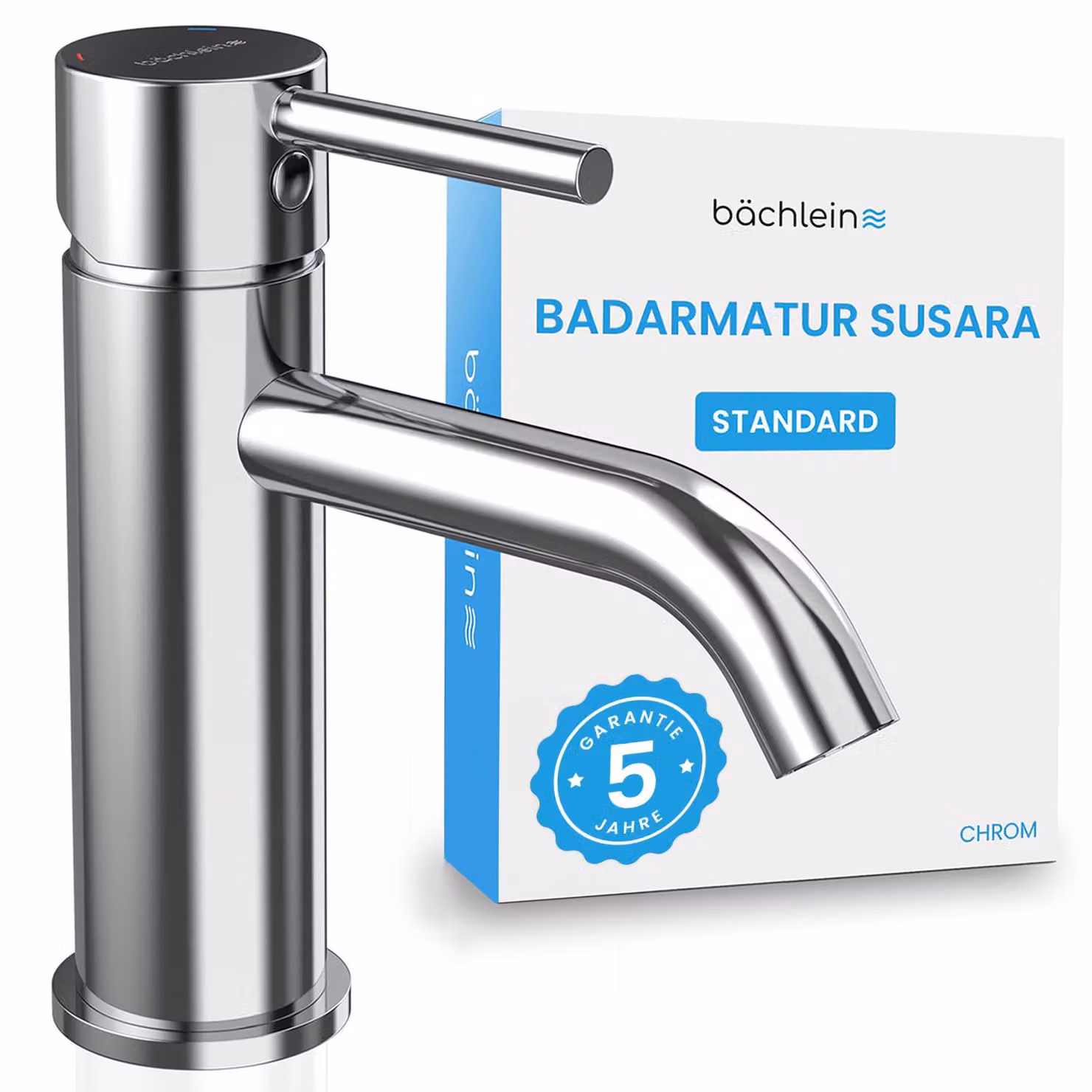 Rubinetto da bagno Bächlein Susara con bocca curva, miscelatore monocomando di design con cartuccia in Vetroceramica resistente e set di installazione, rubinetto da bagno cromato