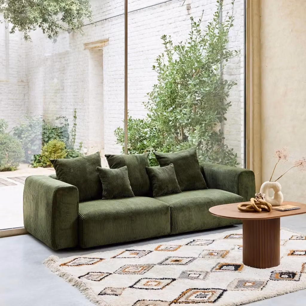 Divano moderno a 3 posti in velluto a righe con coperture sfoderabili e cuscini inclusi, verde – 2
