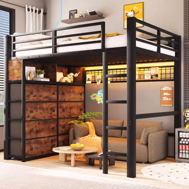 Letto a soppalco 140x200 cm, struttura in metallo, con 8 cassetti, illuminazione a LED, ripiani portaoggetti, nero (senza divano)