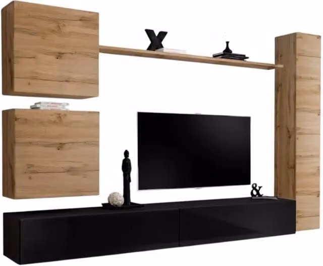 Composizione murale SWITCH VIII – Mobile TV da parete, colonna e cubi sospesi – Nero lucido e quercia Wotan – Design moderno