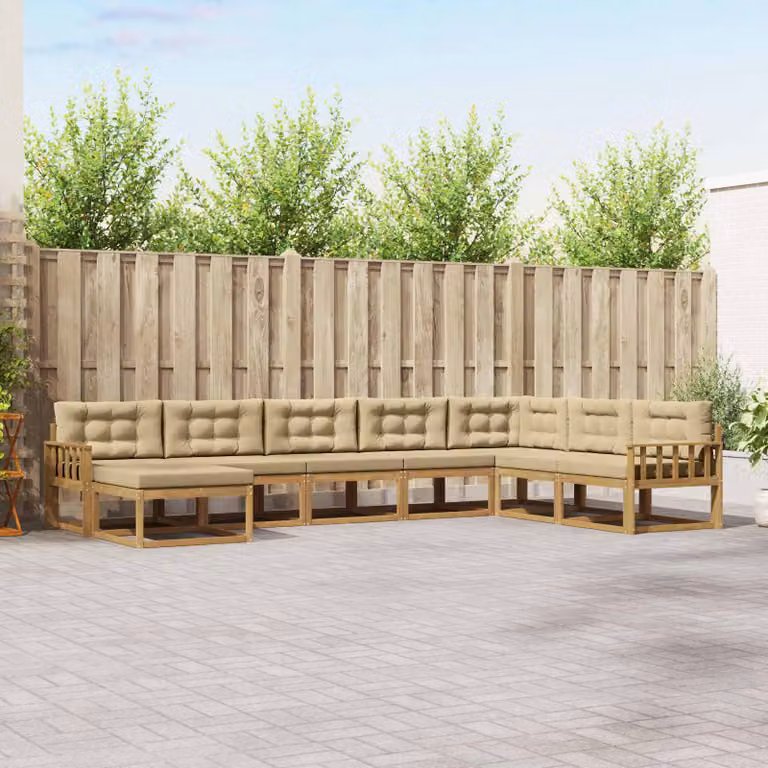 vidaXL Set di divani da esterno a forma di U in legno di acacia con cuscini, Bianco e Beige