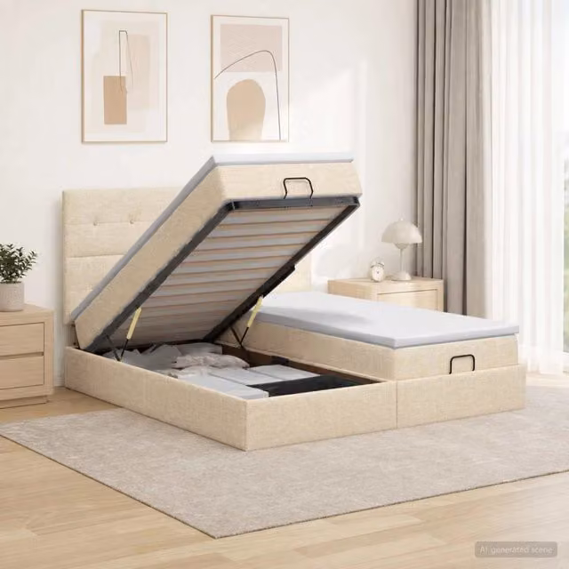 Letto Ottomano con Materasso vidaXL in Tessuto Beige e Bianco con Illuminazione LED e Porta USB L/P/H: 200 x 200 x 140 cm