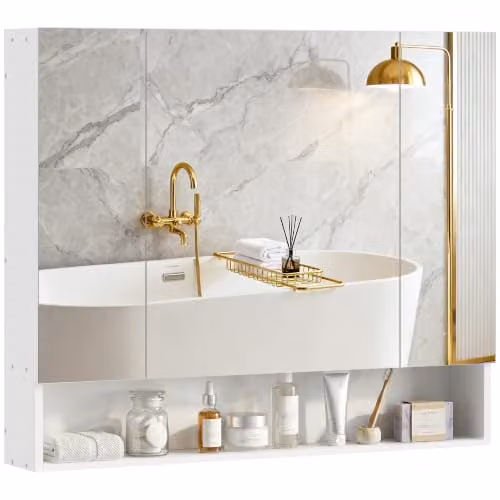 Helloshop26 Armadio da parete Bagno 90 x 15 x 75 cm Salvaspazio Tre ante Specchio Ripiano Regolabile in MDF Bianco 21_0001914