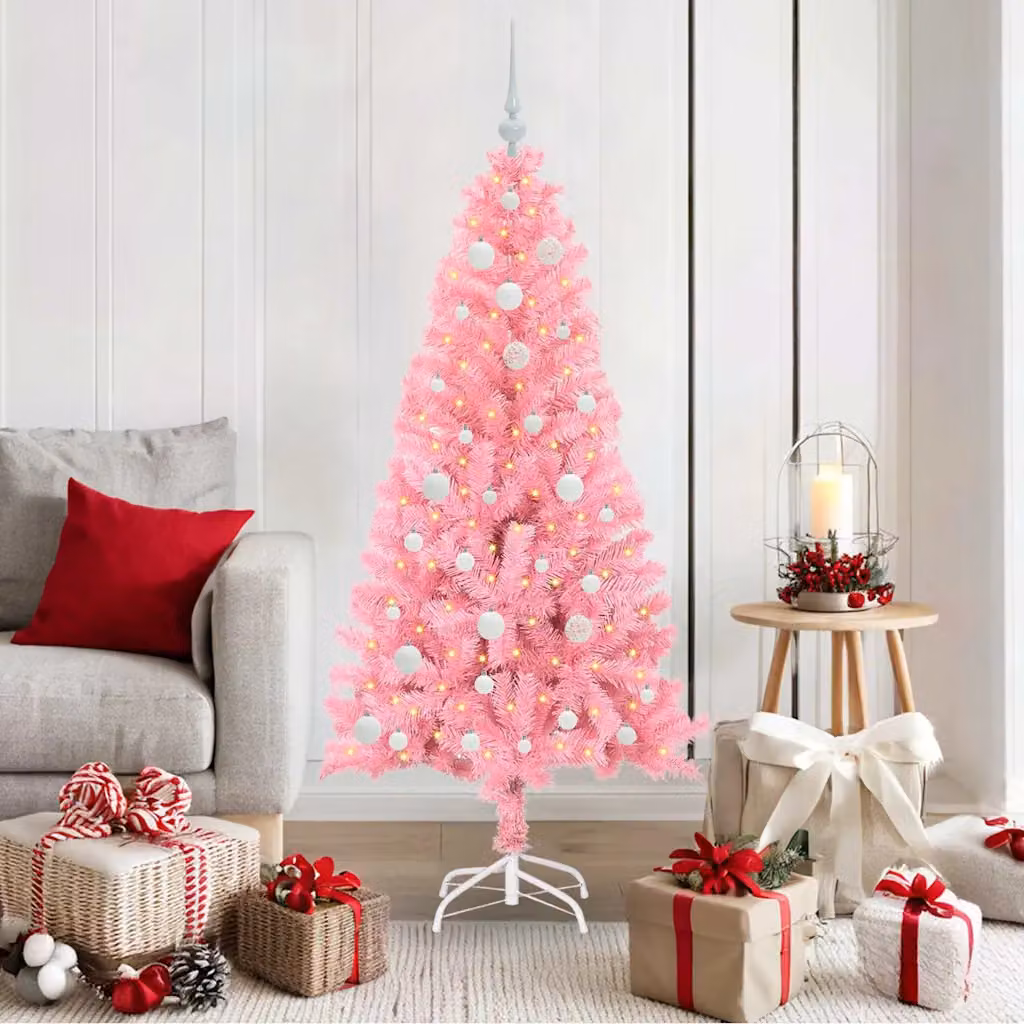 Albero di Natale moderno vidaXL rosa con luci LED bianco caldo in PVC, Altezza: 150 cm
