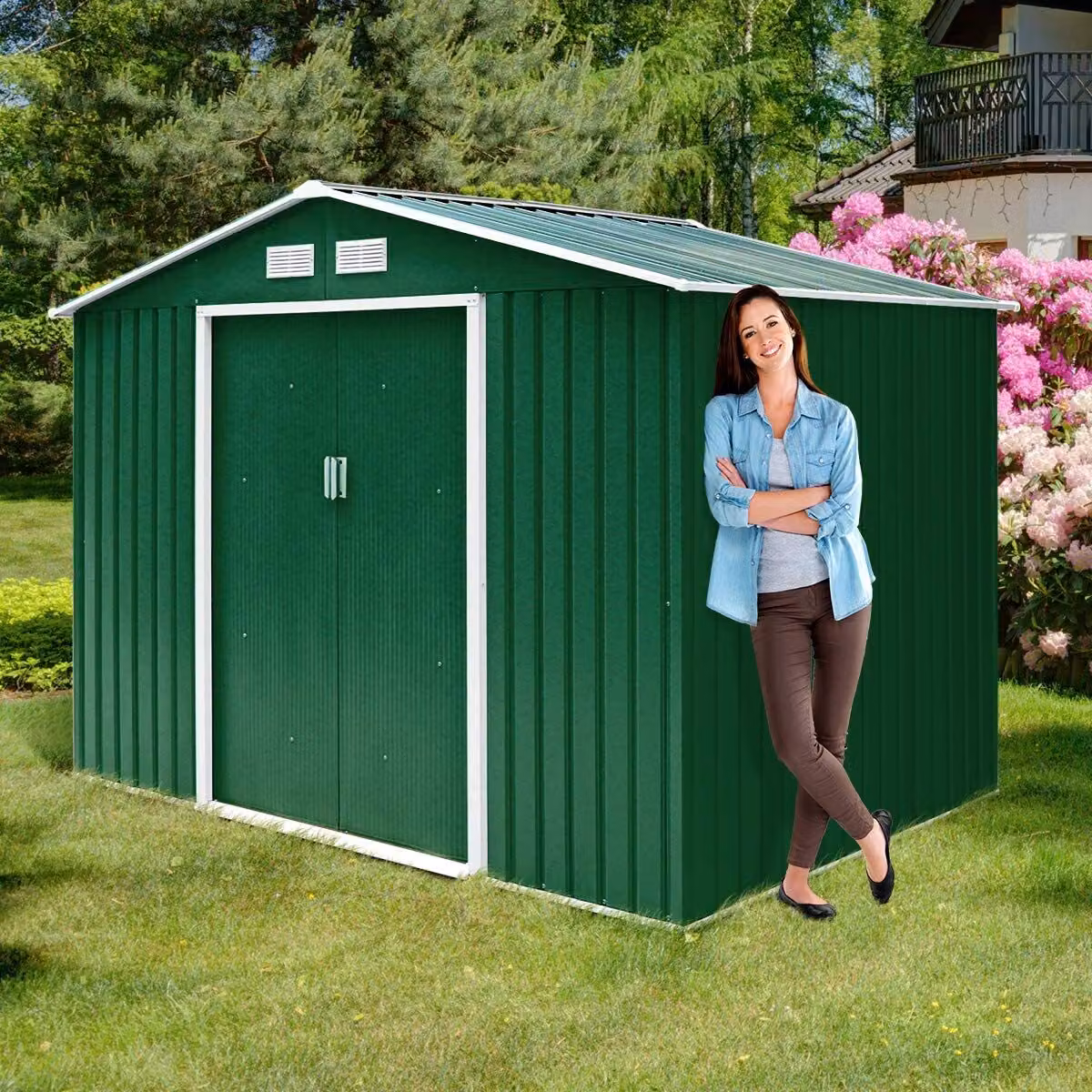 Casetta per attrezzi in metallo COSTWAY con fondazione in metallo, casetta da giardino 213x127x185cm, casetta per attrezzi 2,37 m2, casetta da giardino zincata, resistente alle intemperie, verde scuro