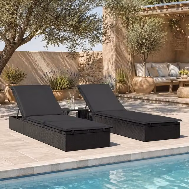 Sun Loungers (2 Pieces) With Table, Black Poly Rattan