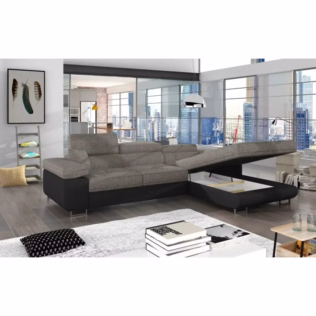 Divano ad angolo convertibile AMANDA MEUBLORAMA grigio e nero con funzione letto e poggiatesta regolabile, lato destro, L 280 x P 149 x H 90 cm – 2