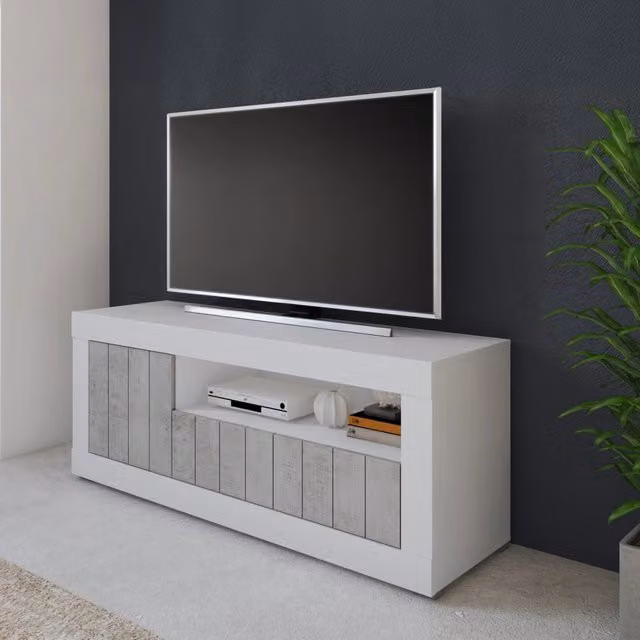 Mobile porta TV Lucino DMORA con cassetti, moderno, bianco e grigio, L 137 cm x P 42 cm x H 56 cm – 1