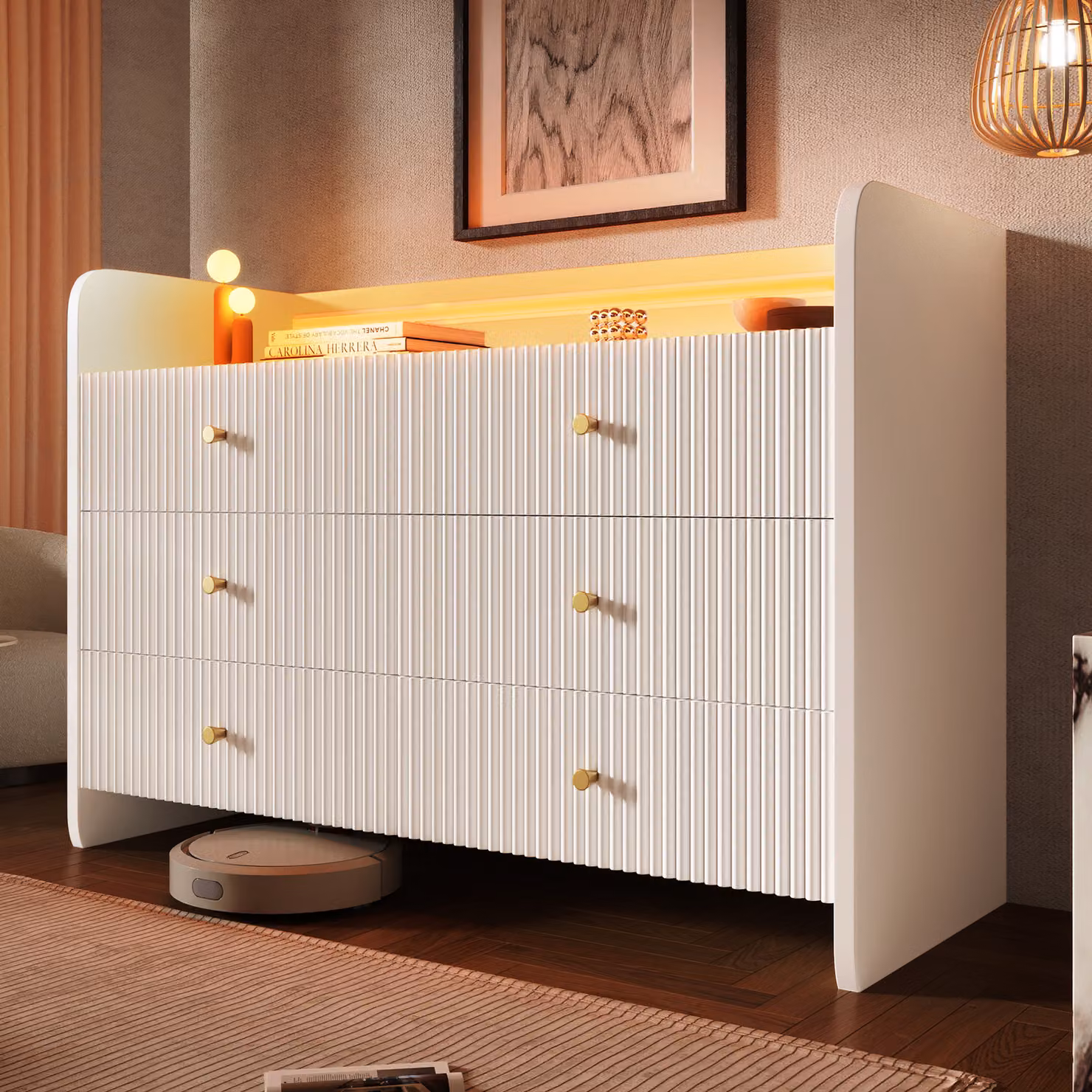 Credenza Flieks con 6 cassetti, credenza per soggiorno con LED, mobile contenitore con design a onda, 120x40x75cm, bianco