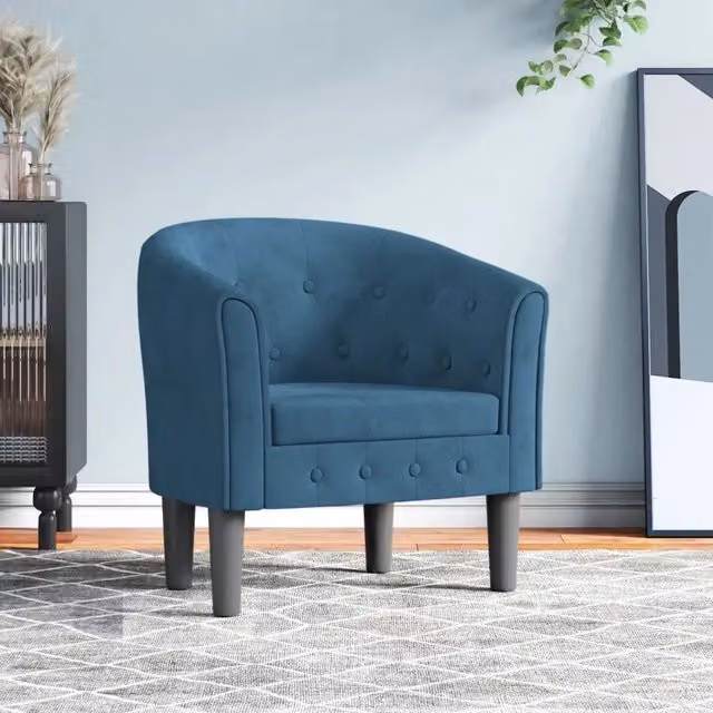 Poltrona-Divano Cabriolet Blu Scuro in Velluto con Struttura in Legno di Pino e Schienale a Tubo – 1