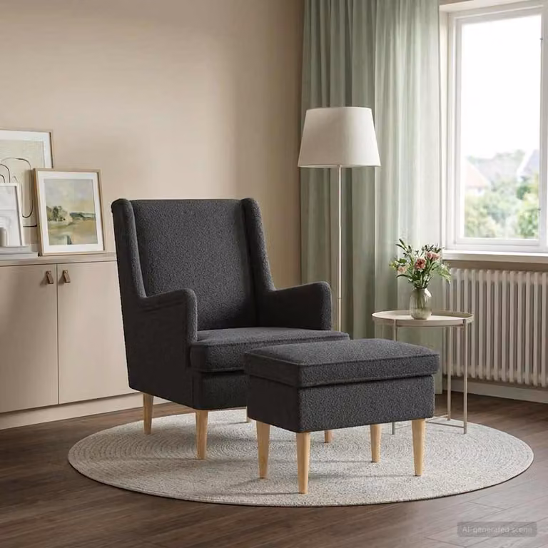 Set di Poltrona con Ottomano vidaXL in Tessuto Bouclé Grigio per Soggiorno e Camera da Letto