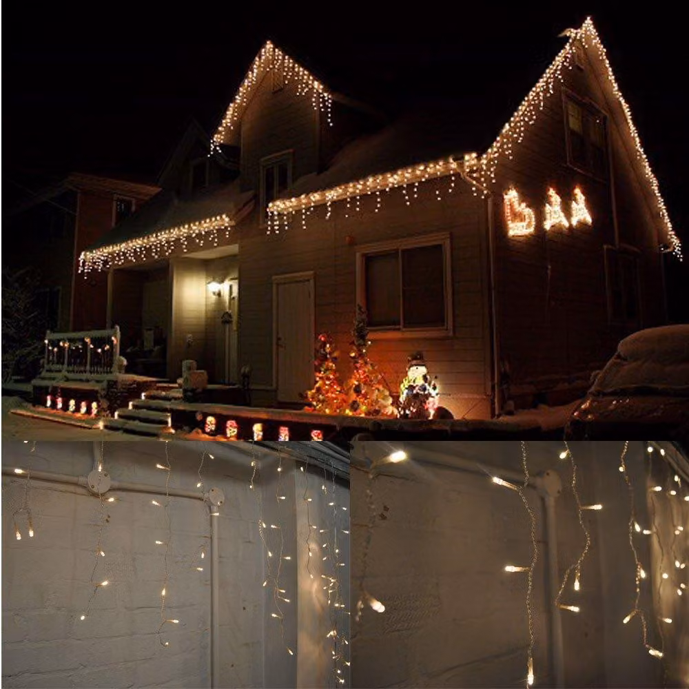 Catena luminosa a LED a forma di ghiacciolo, 400 LED, 10 metri, luce bianco caldo, impermeabile, 8 modalità