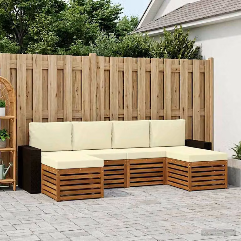 Set di divani da esterno vidaXL a forma di L composto da 6 pezzi in legno di acacia con cuscini inclusi, colori beige, bianco e marrone