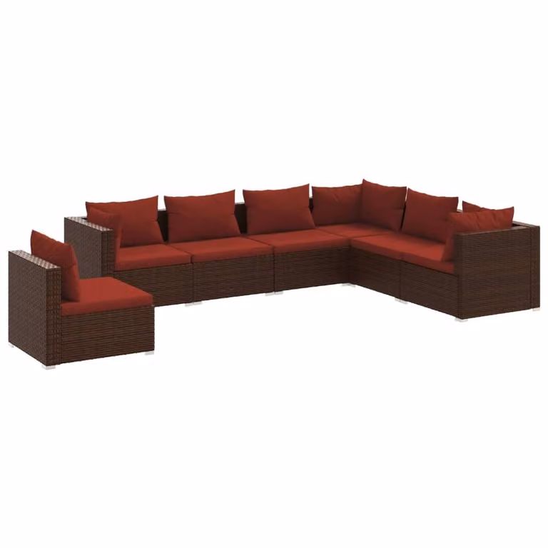 Set Divani da Giardino 7 pz con Cuscini in Polyrattan Marrone