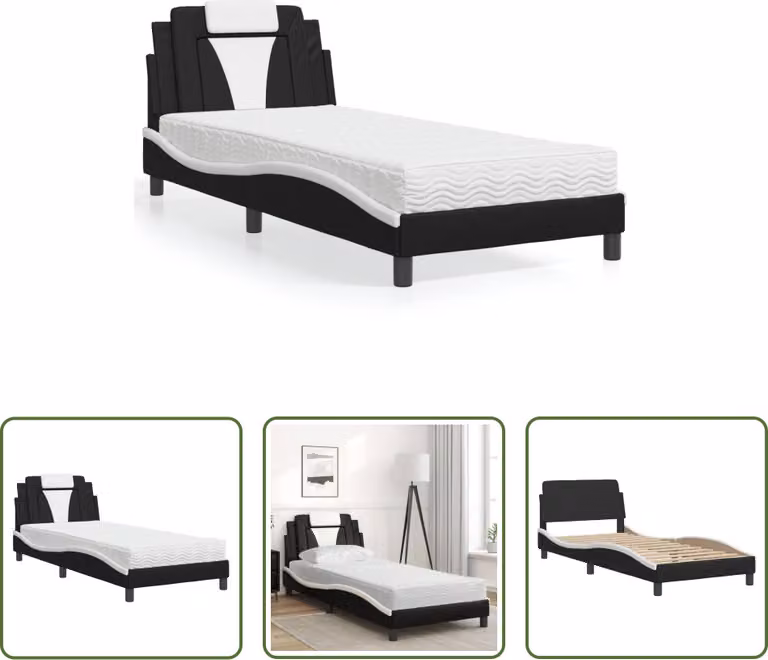 The Living Store Letto con materasso bianco e nero 80x200 cm in ecopelle