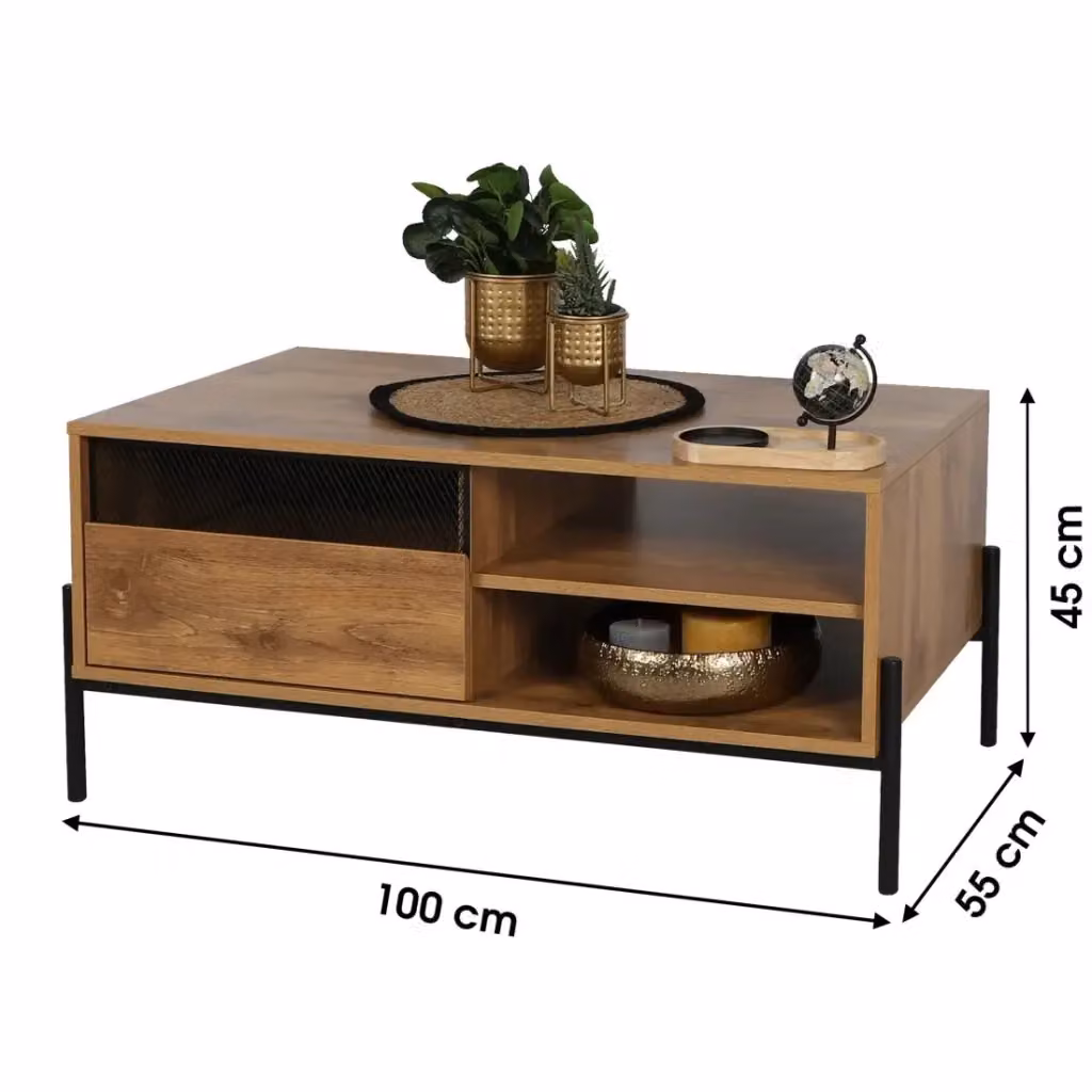 Tavolino da salotto stile rustico Meublorama collezione HELIAS, rovere scuro e metallo nero, L: 60 cm, P: 49 cm, H: 110 cm – 2