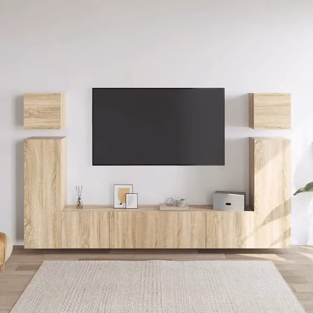 Set di Mobili Porta TV Moderno vidaXL in Legno Multistrato Marrone da 8 Pezzi con Installazione a Parete