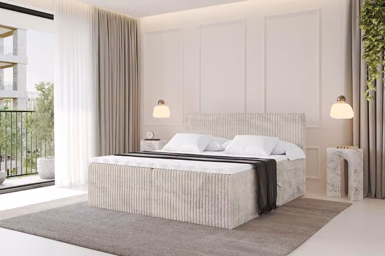 Letto boxspring ALTDECOR - TOLO 120x200 Cord - Crema - Set completo con materasso a molle insacchettate e topper, letto imbottito con materasso H4, contenitori, rete a doghe, letto con spazio contenitore, letto matrimoniale, letto box
