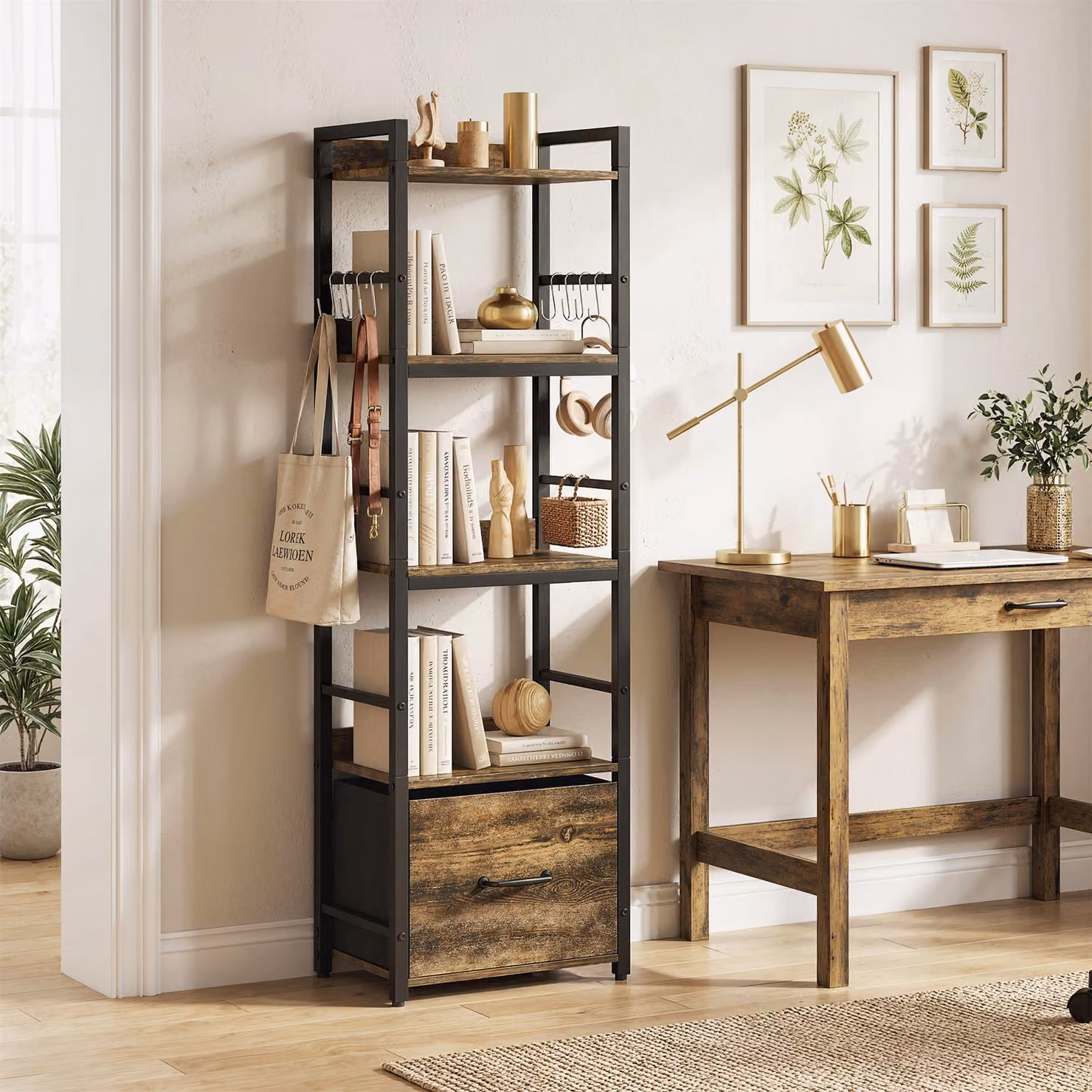 Libreria HOMCOM a 4 livelli con cassetto e 8 ganci, scaffale stretto in legno marrone rustico, L: 39 cm, P: 26 cm, H: 136,5 cm – 2