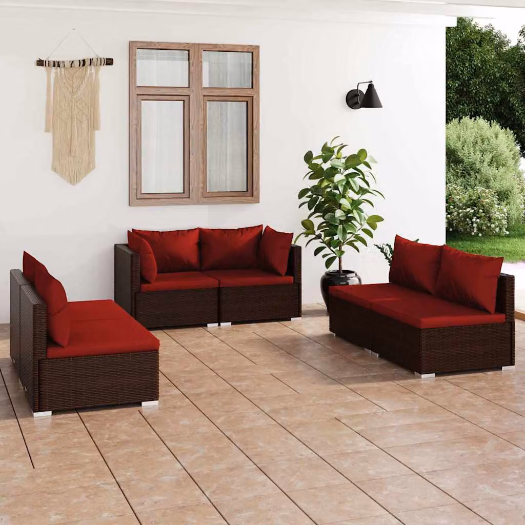 Set di Divani da Giardino vidaXL 6 pz a Forma a L con Cuscini, Struttura in Metallo e Polyrattan Marrone