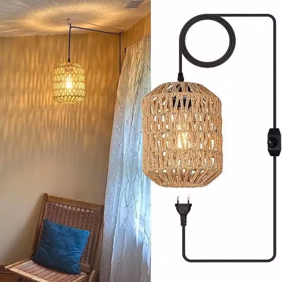 Lampada da Parete Vintage con Regolazione di Luminosità e Capocchia in Canapa, Colore Marrone e Beige, Ø 18 cm, con Lampadina 40W Inclusa per Interno ed Esterno