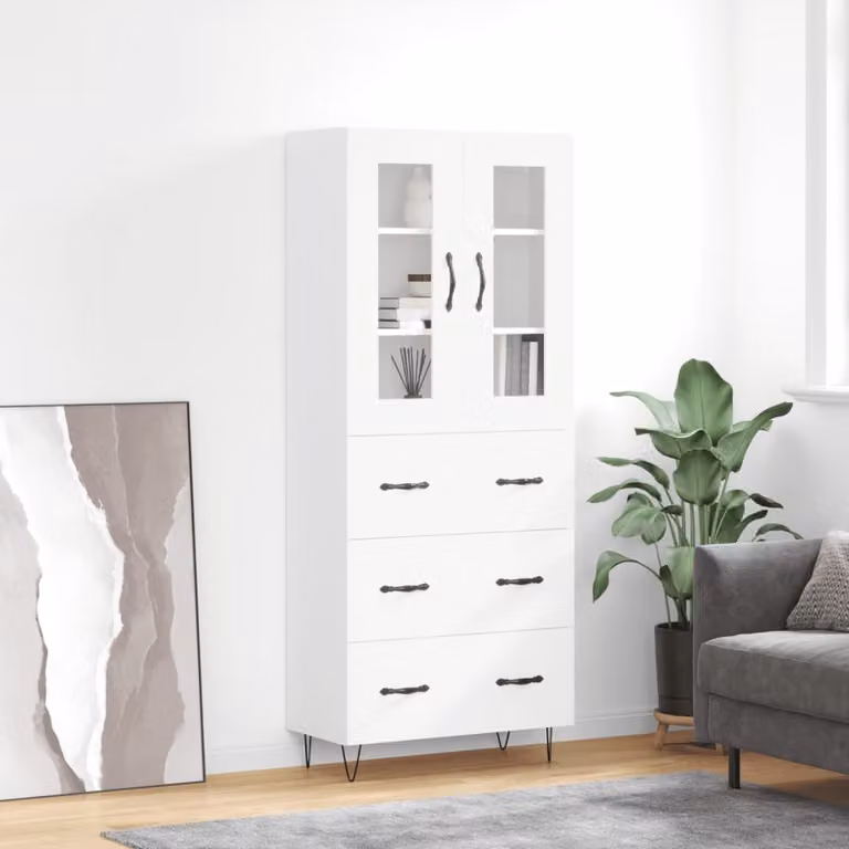 Credenza moderna vidaXL bianca con ante in vetro e ripiani interni, L/P/H: 69,5 x 34,0 x 180,0 cm