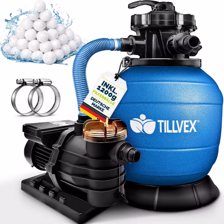 tillvex® Sistema di filtraggio a sabbia per piscina blu 13.200L/h fino a 40.000L + sfere filtranti da 1200g | sistema di filtraggio valvola a 7 vie & adattatore 2in1 Ø32-38mm | filtro per piscina autoadescante | filtro a sabbia per piscina
