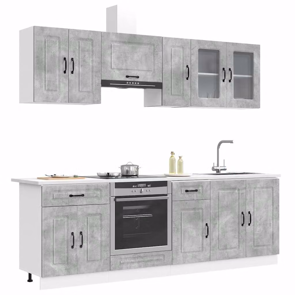 Set di mobili da cucina moderno vidaXL Kalmar composto da 8 pezzi in colore grigio cemento con ante in vetro e ripiani interni