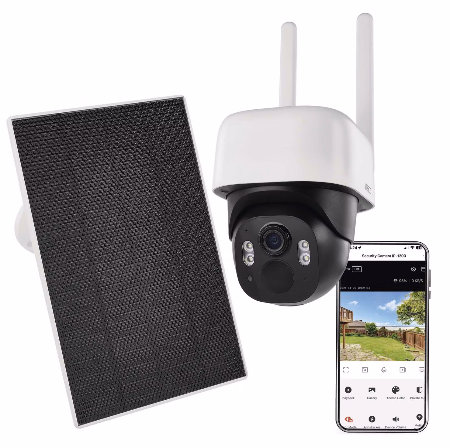 Telecamera da esterno Wi-Fi EMOS GoSmart con pannello solare, telecamera di sicurezza wireless da 5MP, obiettivo grandangolare da 135°, visione notturna, grado di protezione IP44, controllo tramite app, modello H4067