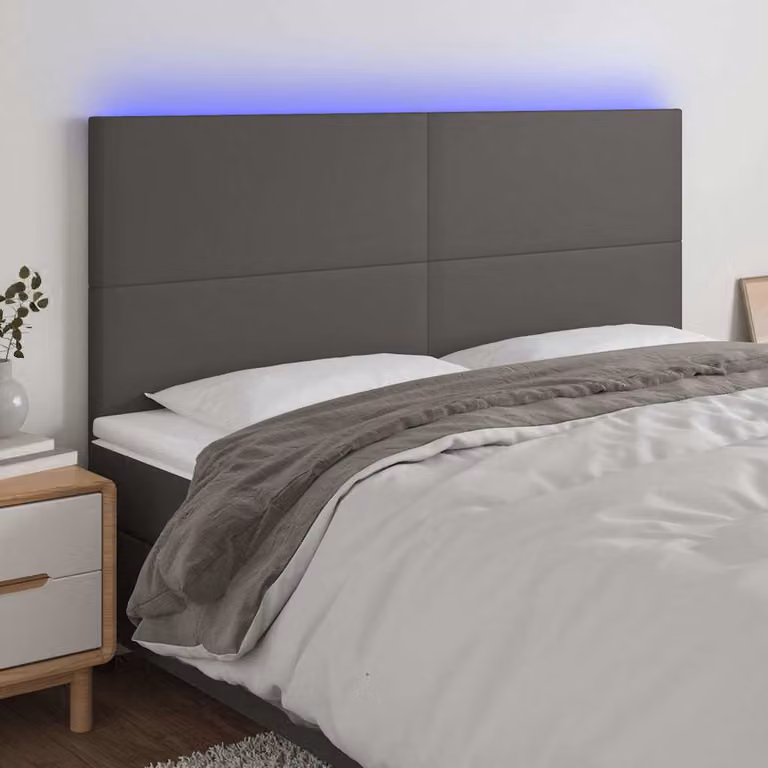 Testiera per letto con LED e porta di ricarica USB vidaXL in similpelle grigia, L: 160 cm, P: 5 cm, H: 118-128 cm